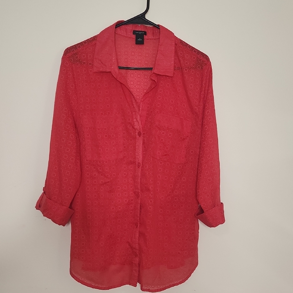 Red Sheer Button-Up Blouse